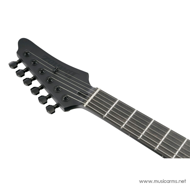 Close-up of a black electric guitar headstock with six tuning pegs and strings running down the neck. ขายราคาพิเศษ
