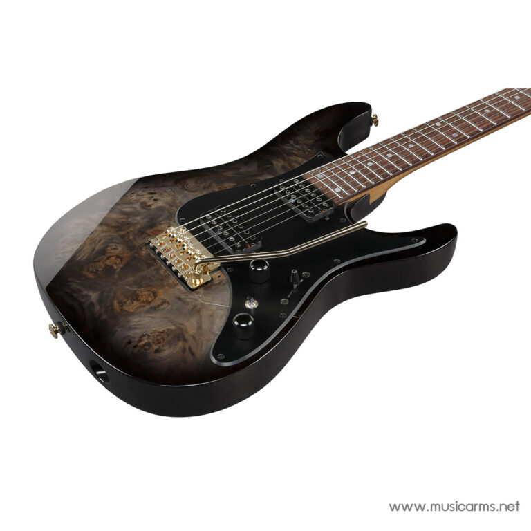 Electric solid-body guitar with a dark, quilted top, black pickguard, and gold hardware including a tremolo bridge. ขายราคาพิเศษ