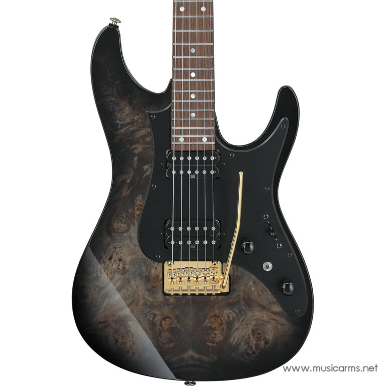 Black electric guitar with a burled wood top, gold bridge, black pickguard, and two humbucker pickups ขายราคาพิเศษ