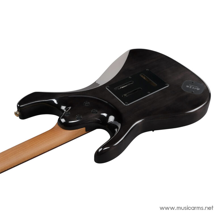 Back view of a glossy black electric guitar with a maple neck, showing the rear cavity cover and contours of the body. ขายราคาพิเศษ