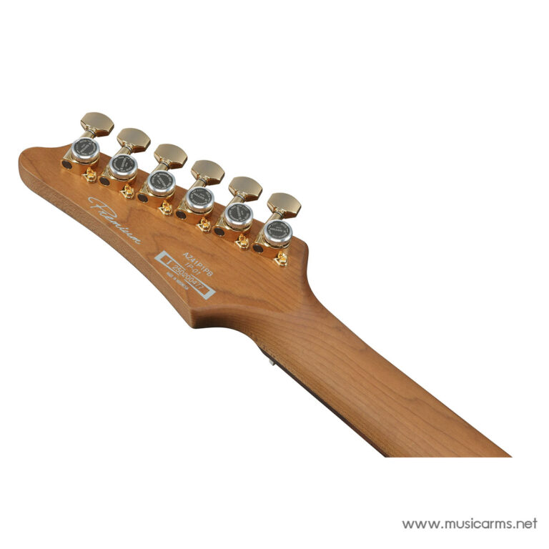 Guitar headstock with gold tuners on a wooden neck, viewed from the back in a diagonal shot. ขายราคาพิเศษ