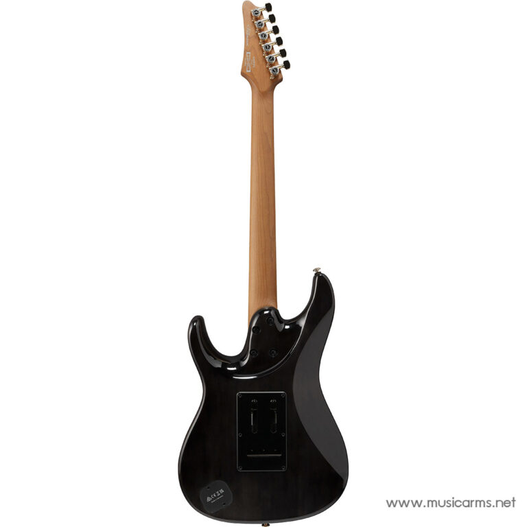 Back view of a black solid-body electric guitar with a natural wood neck and rear control cavity plate ขายราคาพิเศษ