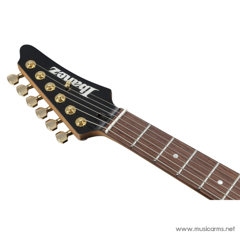 Electric guitar headstock with gold tuners and dark finish, angled along the neck ขายราคาพิเศษ