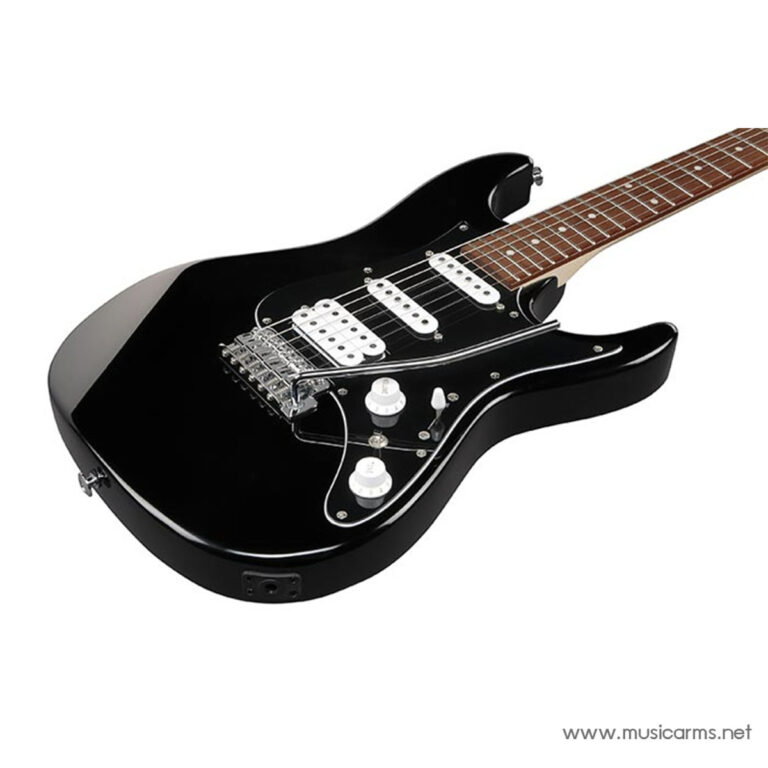 Glossy black solid-body electric guitar with three white pickups, white control knobs, and a chrome bridge seen at an angled side view, against a white background. ขายราคาพิเศษ