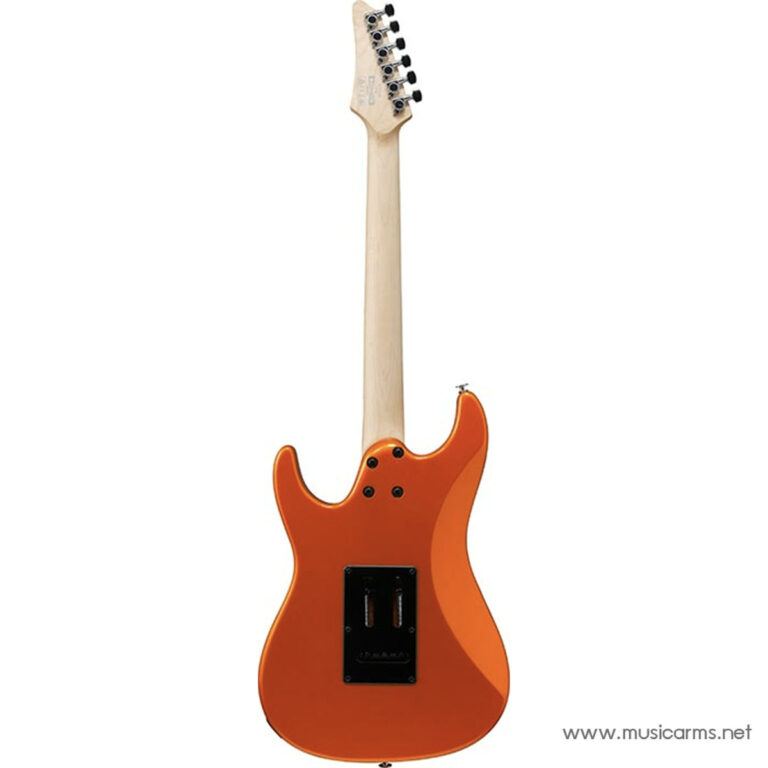 Back view of an orange Strat-style electric guitar with a maple neck; shows the rear cavity plate and body contour (watermark www.musicarms.net). ขายราคาพิเศษ