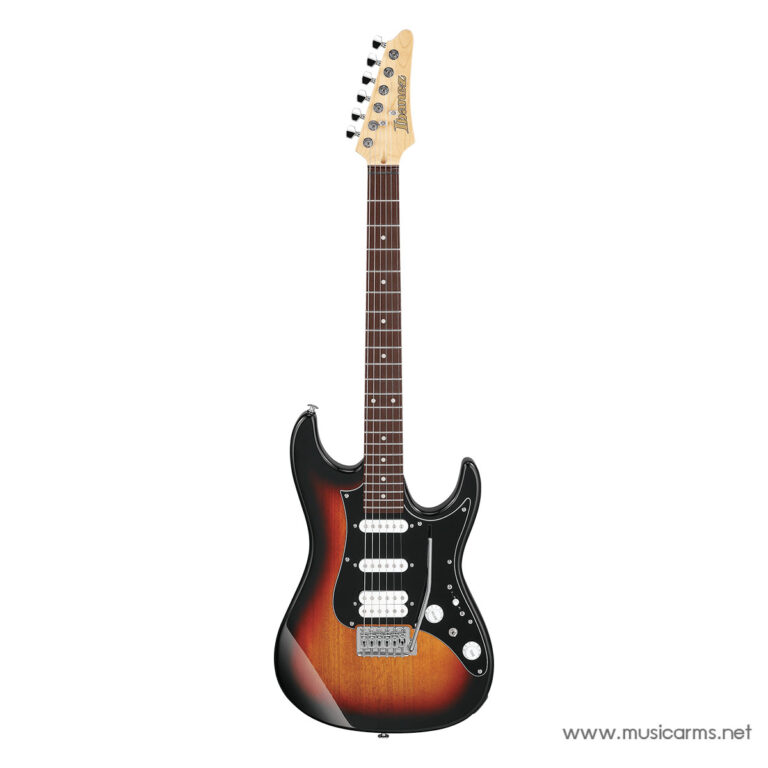 Sunburst Strat-style electric guitar with a maple neck and three pickups on a glossy black pickguard. ขายราคาพิเศษ
