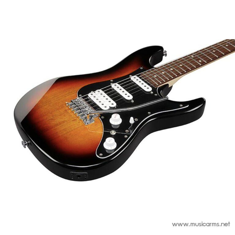 Sunburst electric guitar with three white pickups and a black pickguard, shown at an angle with a tremolo bridge. ขายราคาพิเศษ