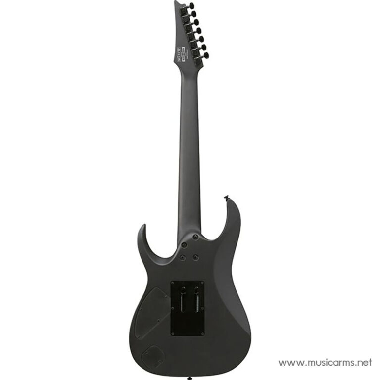 Rear view of a matte black electric guitar, showing the neck with locking tuners and a back access cavity plate on the body with two cutaways. ขายราคาพิเศษ