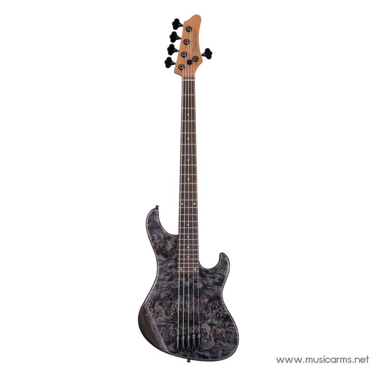 Five-string electric bass guitar with a dark marbled body, maple neck, and Ibanez headstock on a white background. ขายราคาพิเศษ
