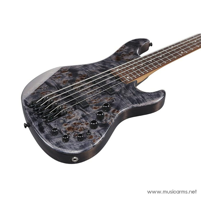 Five-string electric bass guitar with a gray burl finish and a maple neck, shown at an angled side view on a white background from musicarms.net. ขายราคาพิเศษ
