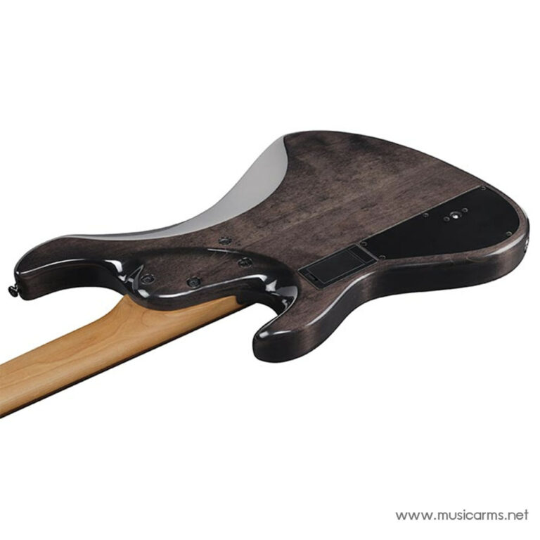 Back view of a dark brown electric guitar body with a black control cavity cover and maple neck extending to the left. ขายราคาพิเศษ