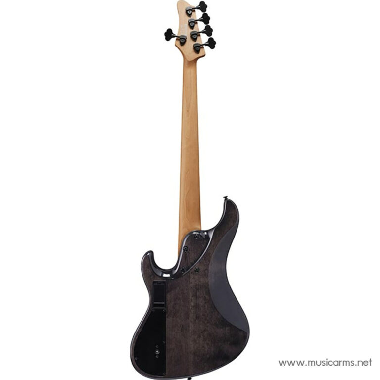 Rear view of a dark wood bass guitar with a natural neck and black tuners on a white background. ขายราคาพิเศษ