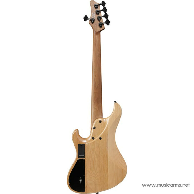 Back view of a natural wood bass guitar, showing the neck and the black rear control cavity plate on the body. ขายราคาพิเศษ