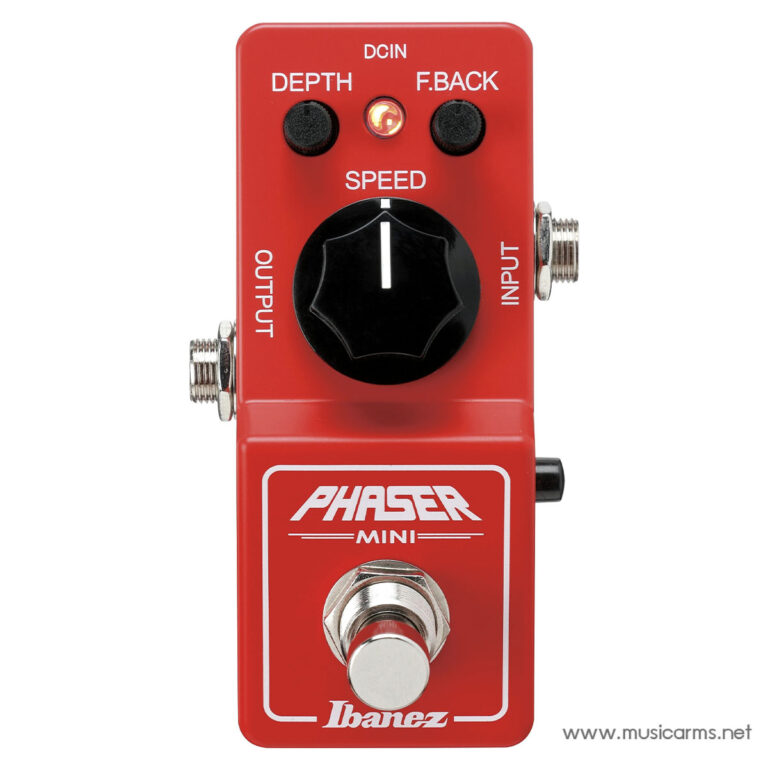 Red Ibanez Phaser Mini guitar effects pedal with large black speed knob, three small knobs (Depth, F.Back/Feedback), LED indicator, input/output jacks on sides, and a footswitch. ขายราคาพิเศษ