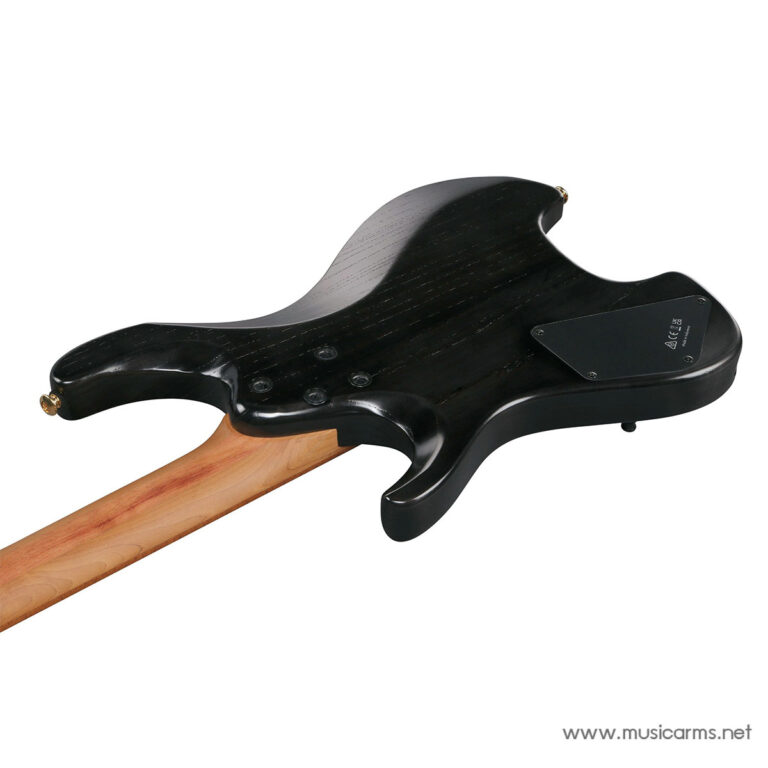 Back view of a black electric bass guitar body with a natural wood neck and rear control plate. ขายราคาพิเศษ