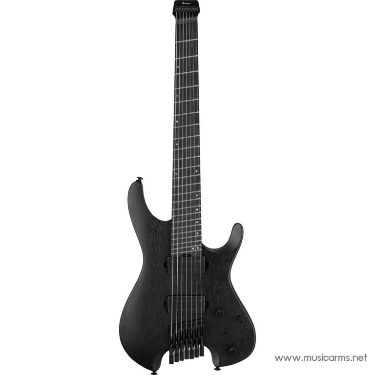 Black electric guitar with a double-cutaway body, extended neck, and two humbucker pickups. ขายราคาพิเศษ