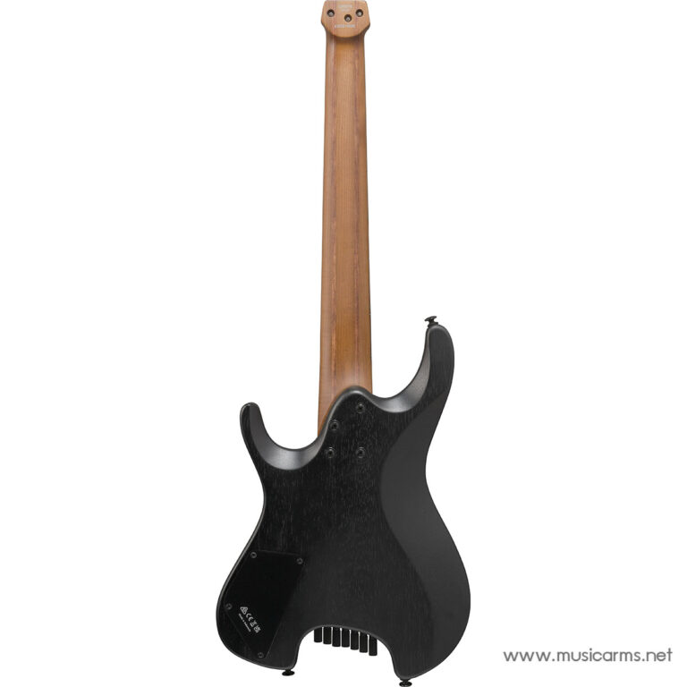 Back view of a black solid-body electric guitar with a natural wood neck and rear control cavity plate visible near the lower body. ขายราคาพิเศษ