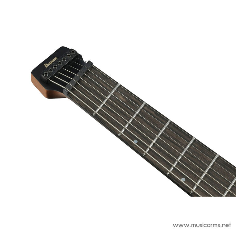 Close-up of a guitar neck showing frets and strings, with an Ibanez headstock on a diagonal across a white background ขายราคาพิเศษ