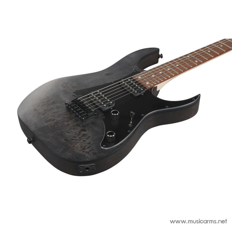 Black electric guitar with a dark, distressed finish, dual humbucker pickups, and a black pickguard on a white background ขายราคาพิเศษ
