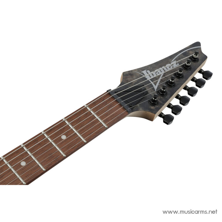 Close-up of a guitar headstock with six tuners, dark finish, and steel strings over a brown fretboard. ขายราคาพิเศษ