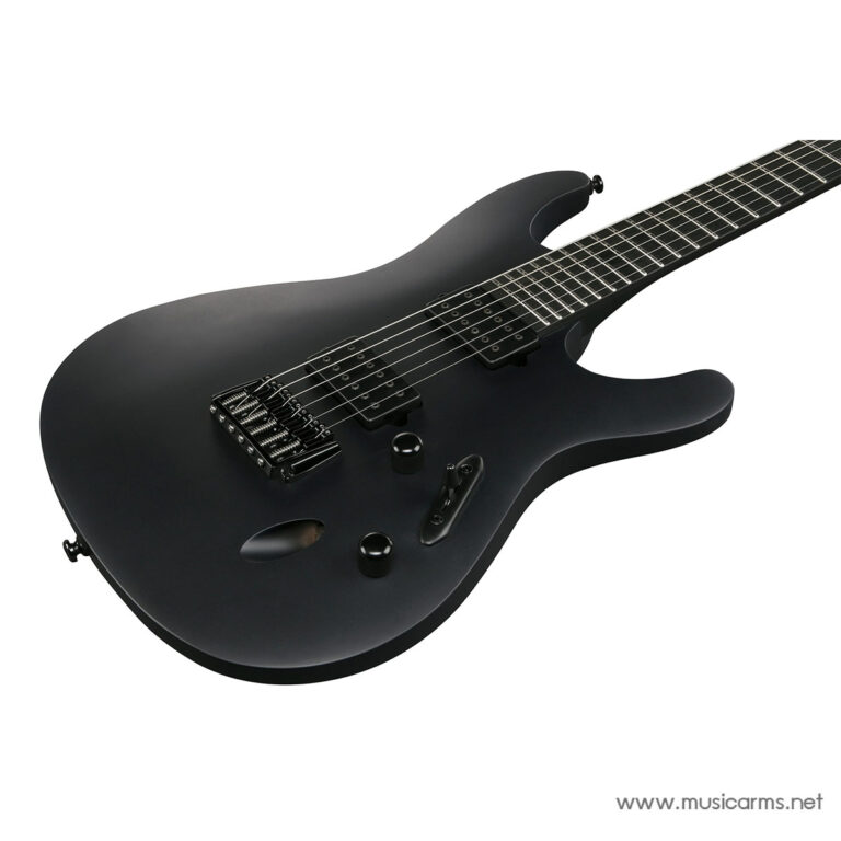 Black solid-body electric guitar with dual humbucker pickups and a double-cutaway body. ขายราคาพิเศษ