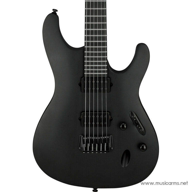 Black solid-body electric guitar with two humbucker pickups, black finish, and a fixed/tremolo-style bridge on a white background, watermark www.musicarms.net ขายราคาพิเศษ