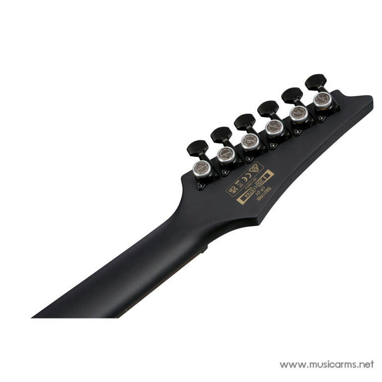 Close-up of a black electric guitar headstock with six tuning pegs, angled neck visible at the bottom, watermark on the side. ขายราคาพิเศษ