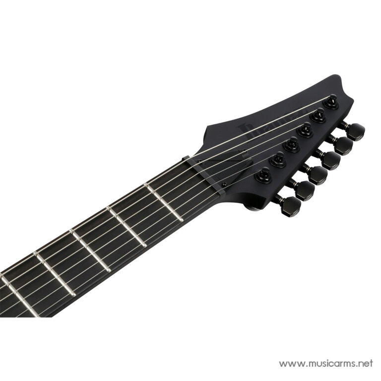 Close-up of a black electric guitar headstock with six tuning pegs and strings over the fretboard. ขายราคาพิเศษ