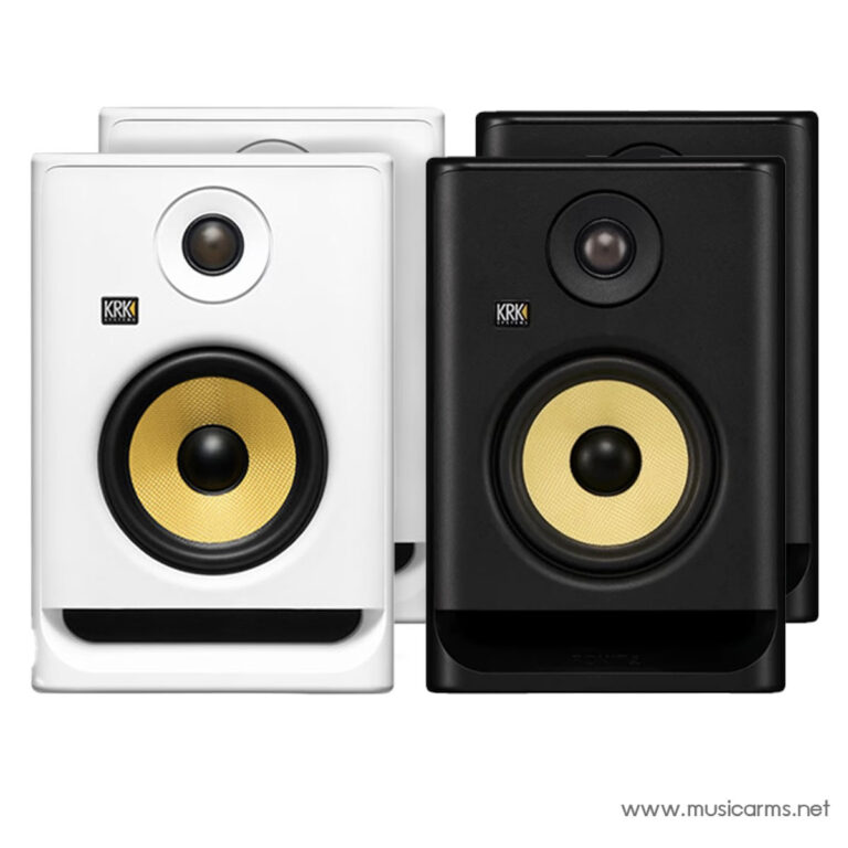 Pair of KRK Rokit studio monitor speakers (white and black) with yellow woofer and front-facing design, studio reference monitors ขายราคาพิเศษ