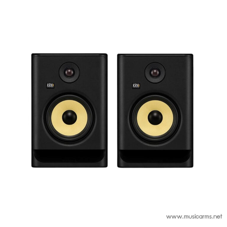 Pair of black KRK Rokit studio monitor speakers side by side with yellow cones facing forward. ขายราคาพิเศษ