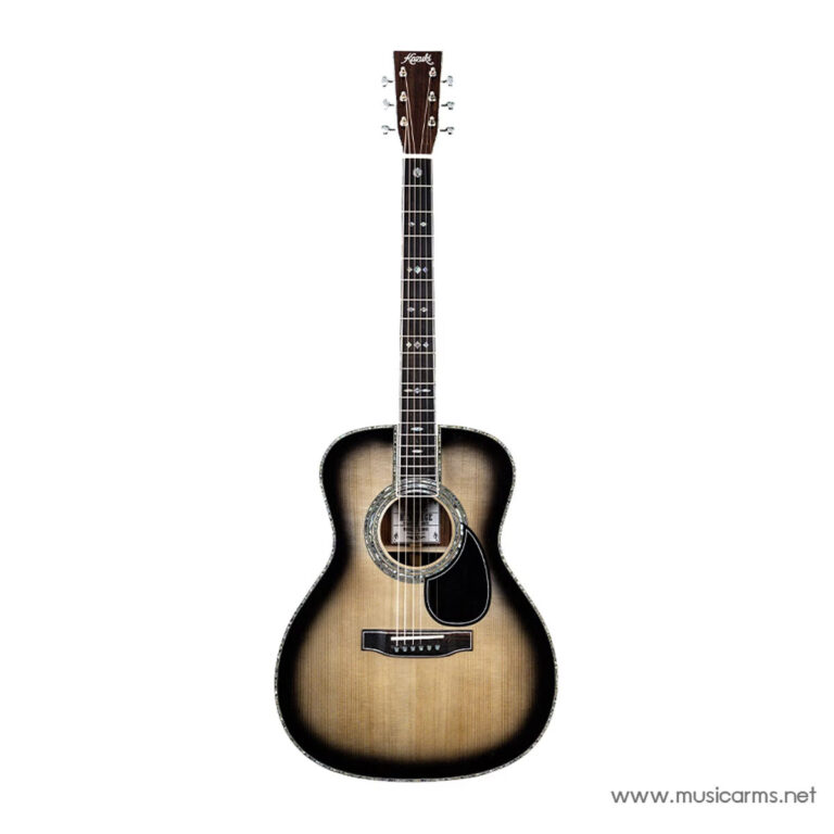 Sunburst acoustic guitar with a dreadnought body, black pickguard, and decorative fretboard inlays. ขายราคาพิเศษ