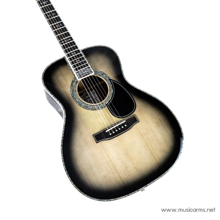 Acoustic guitar with a sunburst finish and decorative rosette, photographed from the body side. Textured gradients from light center to dark edge are visible on the guitar surface. ขายราคาพิเศษ