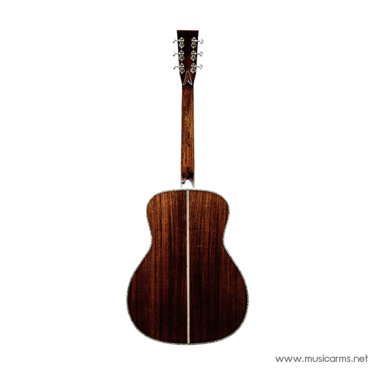 Back view of a wooden acoustic guitar with a dark brown finish, wood grain, and a white center seam along the back of the body ขายราคาพิเศษ