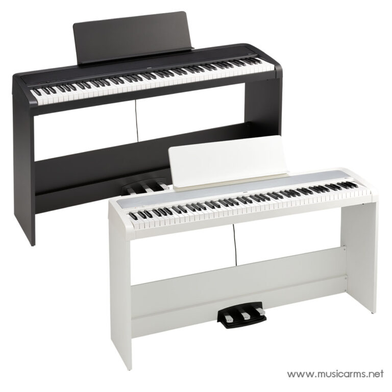 Two digital pianos side by side: a black upright model behind a white console keyboard with pedals visible below ขายราคาพิเศษ