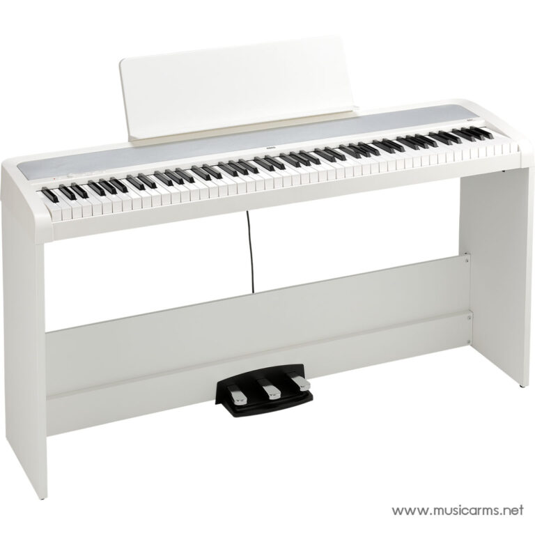 White digital piano on a stand with a matching music desk and three pedals ขายราคาพิเศษ