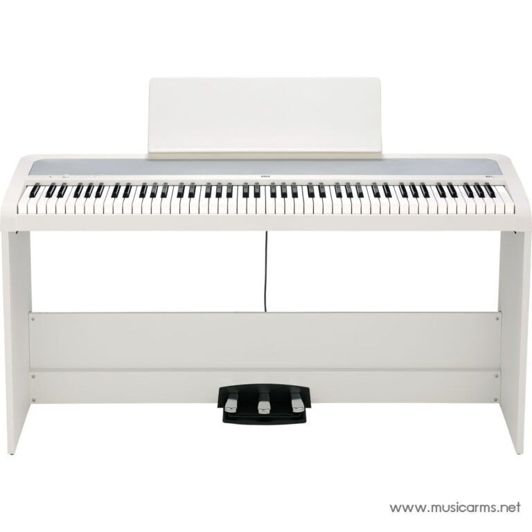 White electronic piano keyboard on a white stand, seen from the front with pedals below. ขายราคาพิเศษ