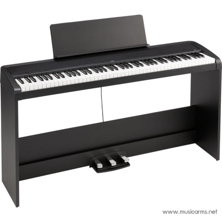 Black digital piano with 88 keys, three pedals, and a music stand, photographed at a slight angle on a stand. ขายราคาพิเศษ