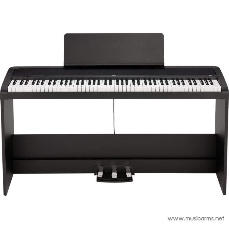 Black electronic piano keyboard with three pedals and a music stand, shown from the front ขายราคาพิเศษ