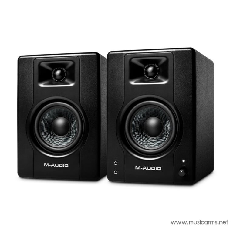 Pair of black M-Audio studio monitor speakers facing forward on a white background (stereo desktop setup). ขายราคาพิเศษ