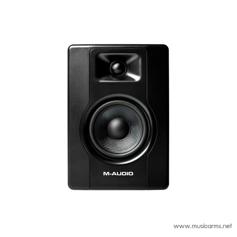 Front view of a black M-Audio studio monitor speaker with a large woofer and small tweeter on a white background. ขายราคาพิเศษ