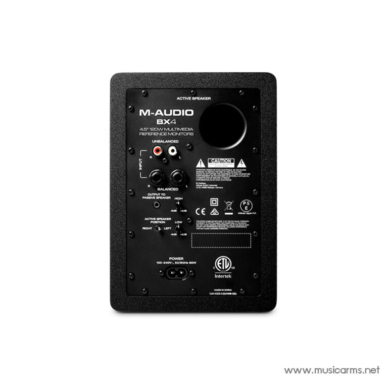 Back panel of an M-Audio BX4 studio monitor showing input jacks, balance/unbalanced outputs and power input; black perforated casing visible on sides. ขายราคาพิเศษ