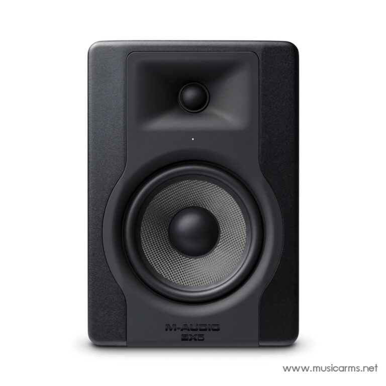 Front view of a black M-Audio BX5 studio monitor speaker with a silver woofer and small tweeter, logo at the bottom edge. ขายราคาพิเศษ