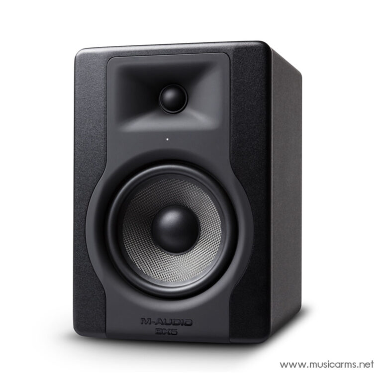 Front view of a black M-Audio BX5 studio monitor speaker with a silver woofer and small tweeter on a white background. ขายราคาพิเศษ