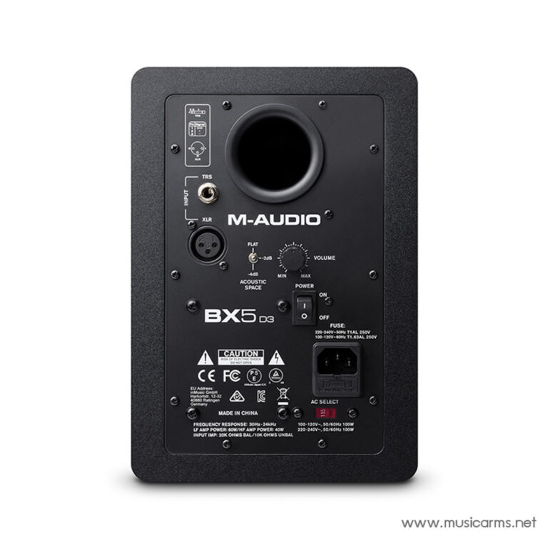 Rear view of an M-Audio BX5 D3 studio monitor with input jack, volume knob, power switch, and AC inlet visible on the back panel ขายราคาพิเศษ