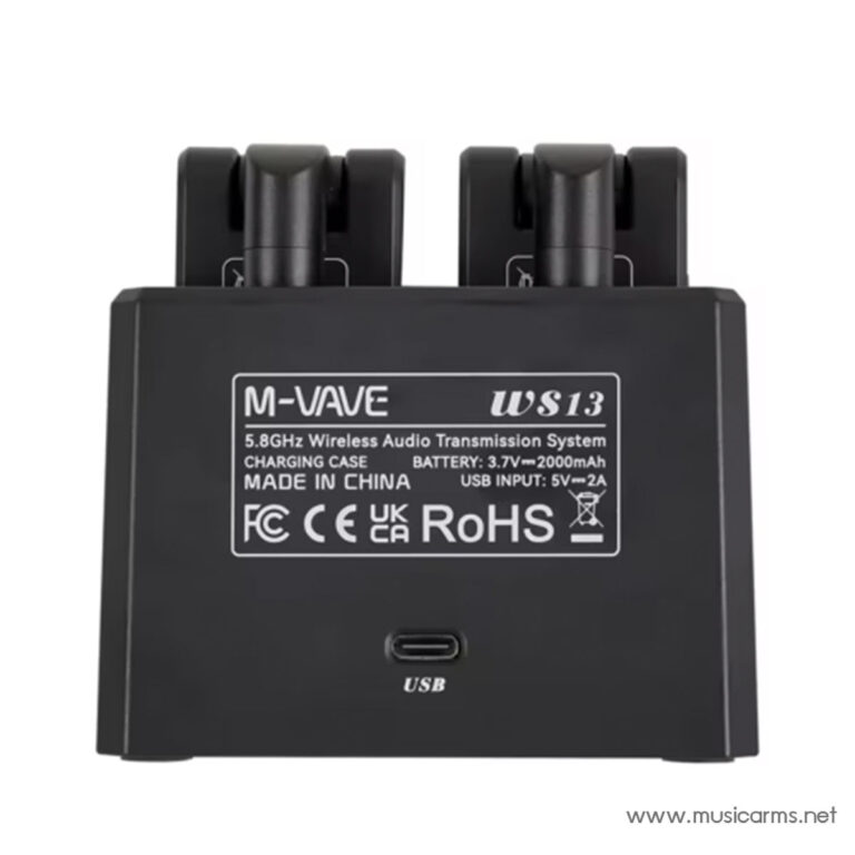 M-VAVE WS13 5.8GHz wireless audio transmitter/receiver with USB-C charging case (Made in China) and USB input label visible on the device. ขายราคาพิเศษ