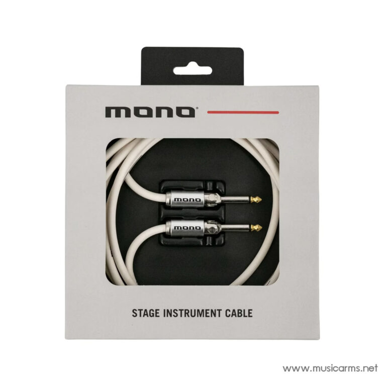 Packaging for Mono stage instrument cable: two white 1/4-inch plug cables coiled inside a white box with black insert and brand name 'mono' visible ขายราคาพิเศษ