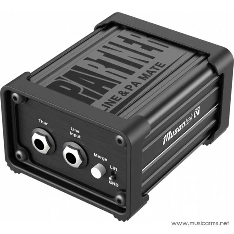 Compact black audio interface/DI box with two front-panel jacks labeled Line Input and Merge, Lift switch, and grounding toggle; rugged metal case. ขายราคาพิเศษ
