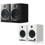 Pair of Ortizan speakers shown: a black two‑piece desktop system on the top left and a white two‑piece bookshelf system on the bottom right, viewed from the front. ลดราคาพิเศษ