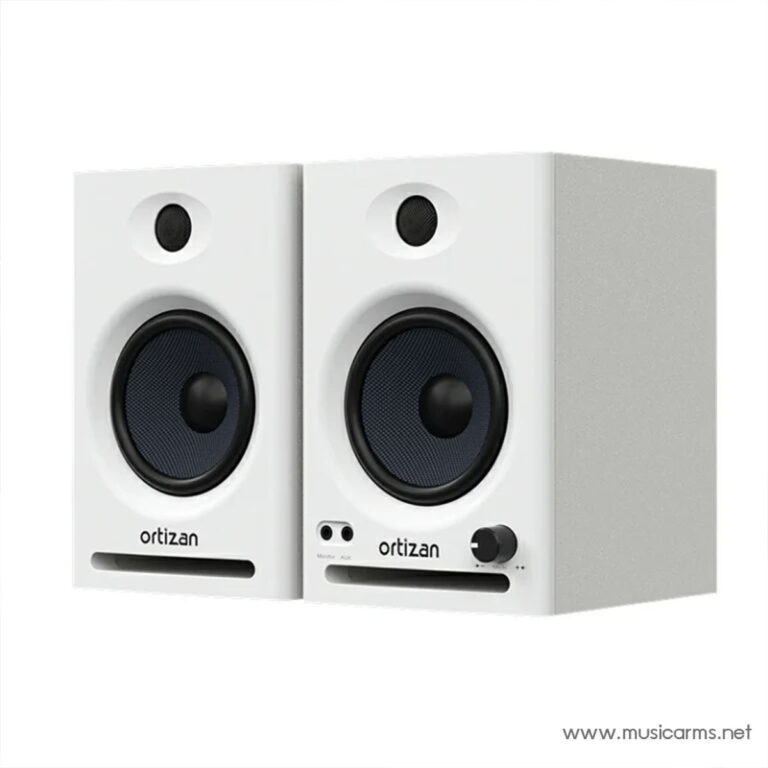 Pair of white Ortizan bookshelf speakers facing forward, showing black drivers and front ports on a white background ขายราคาพิเศษ