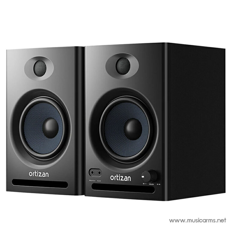 Pair of black Ortizan desktop speakers with blue driver cones and a bass port, shown side by side for stereo sound ขายราคาพิเศษ
